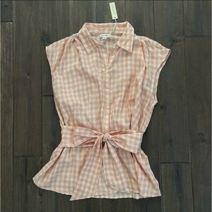 Max Studio Peach Plaid Picnic Checkered Tie Bow Front Top L NWT
